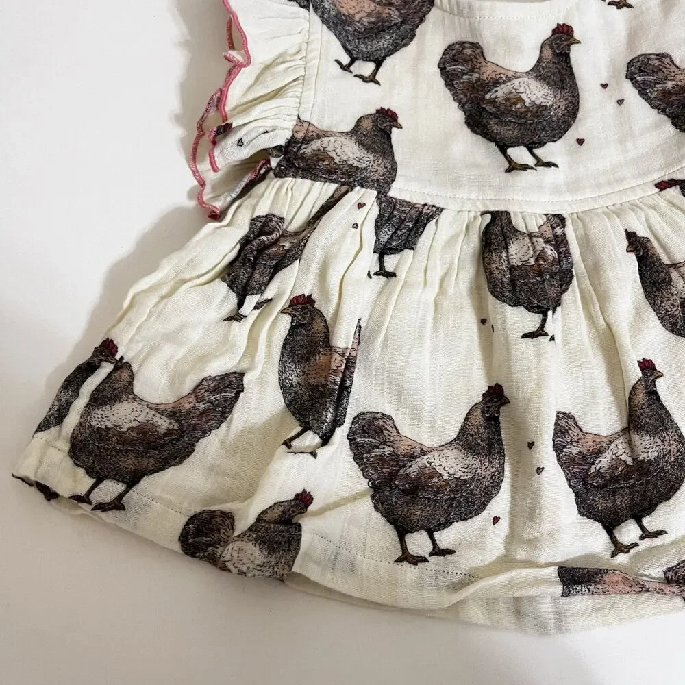 Pink Chicken Dress and Bloomers Set Chickens Print Gauze Girls Size 12-18 Months